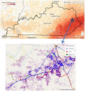 MAPPING DISTRUPTIONS – Hazard maps, like the wildfire hazard map (top), can be used to generate disruption scenarios for water distribution systems (bottom).