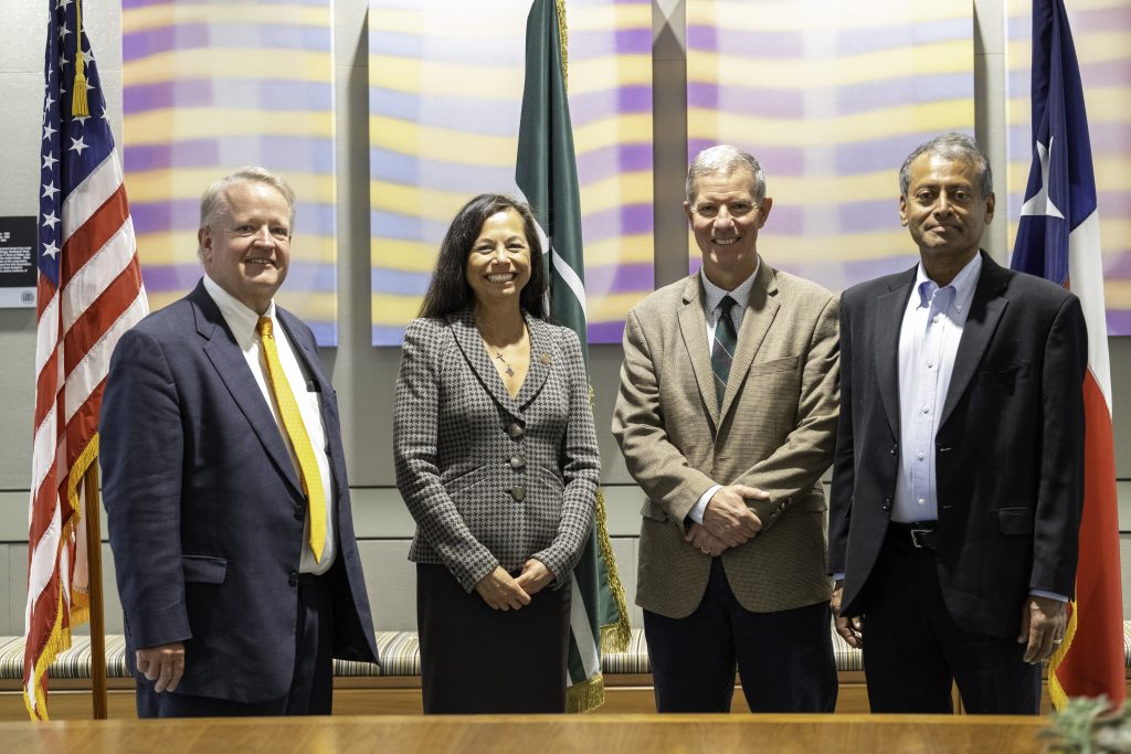 Sandia’s Energy Security  Innovation Center Director Erik Webb, Office of Electricity Assistant Secretary Catherine Jereza, UT-Dallas Vice President for Research and Innovation Dr. Joseph J. Pancrazio, and UT-Dallas Jonsson School Distinguished Chair Dr. Babu Chalamala pause for a photo following remarks and the signing an MOU between Sandia and UT-Dallas. Credit: The University of Texas at Dallas  