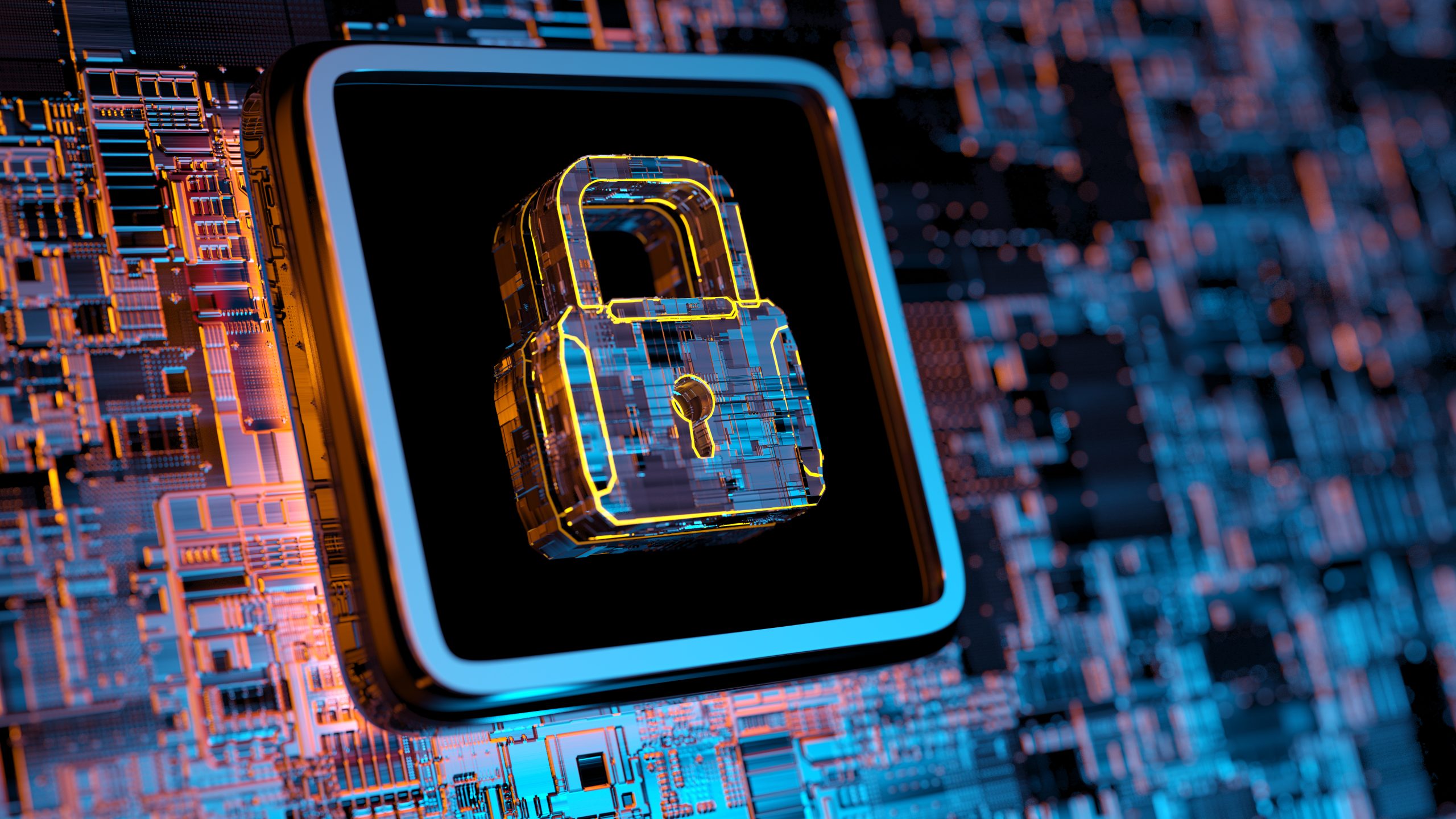 An colorful image of a lock in a box sits on top of a computer board.