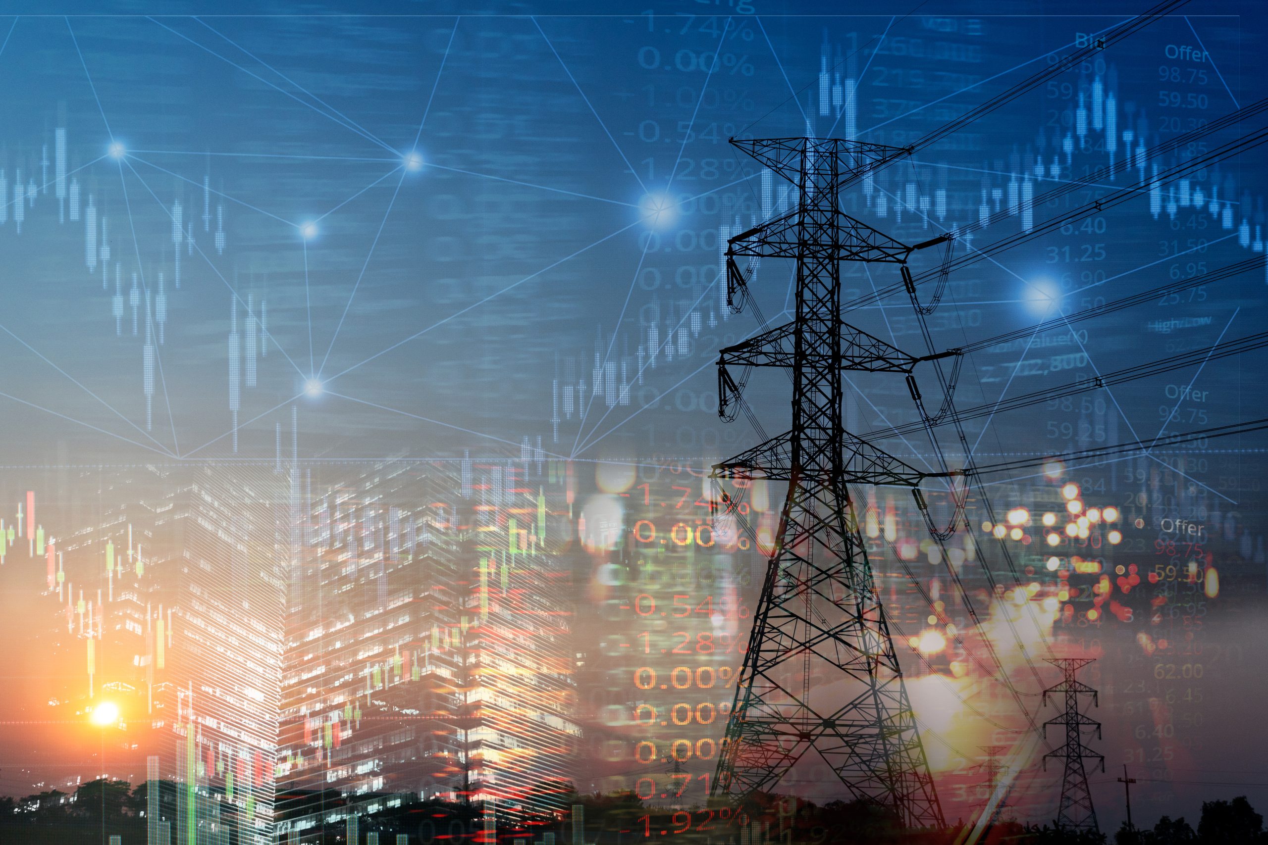 Market stock graph and index information with city light and electricity and energy facility industry and business background.