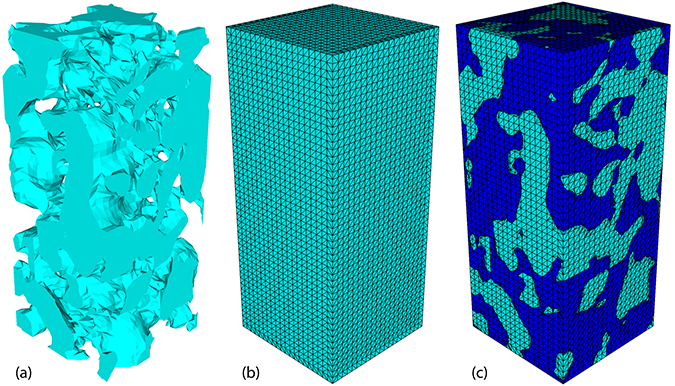 Creation of 3D mesh from surface and background meshes using conformal decomposition finite-element method (CDFEM) for a LiCoO2 cathode: (a) reconstructed surface mesh from Avizo for particle phase, (b) background mesh for CDFEM, and (c) resultant 3D mesh for particle and electrolyte phases from CDFEM.
