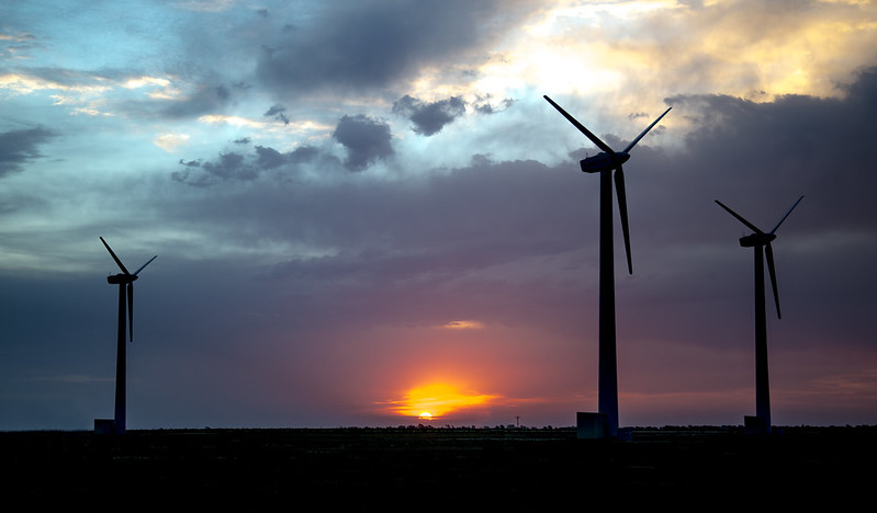 The DOE/Sandia Scaled Wind Farm Technology (SWiFT ) Facility at the Reese Technology Center in Lubbock, Texas, at sunset. Photo credit: Lloyd Wilson.