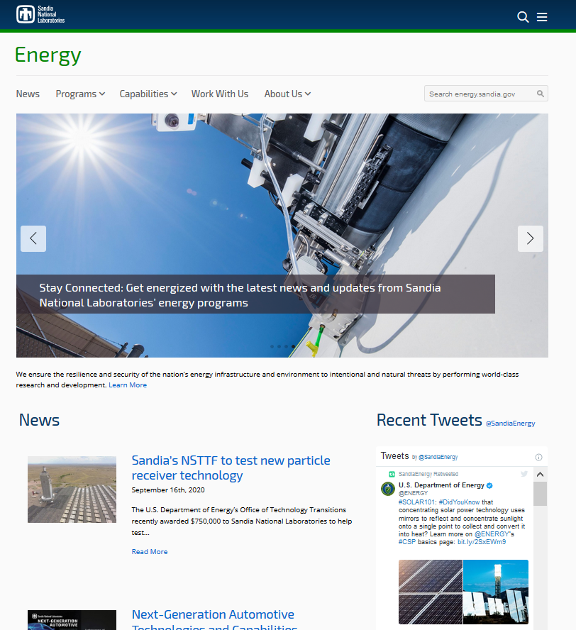Refreshed energy.sandia.gov homepage showing a news and twitter feed.