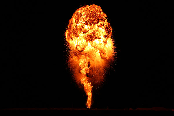 This fireball was created by igniting 400 gallons of superheated Bakken crude oil in a controlled release experiment. Data from infrared cameras were used to assess thermal hazards of crude oils tested at Sandia. (Photo courtesy of Michael M. Montoya) 