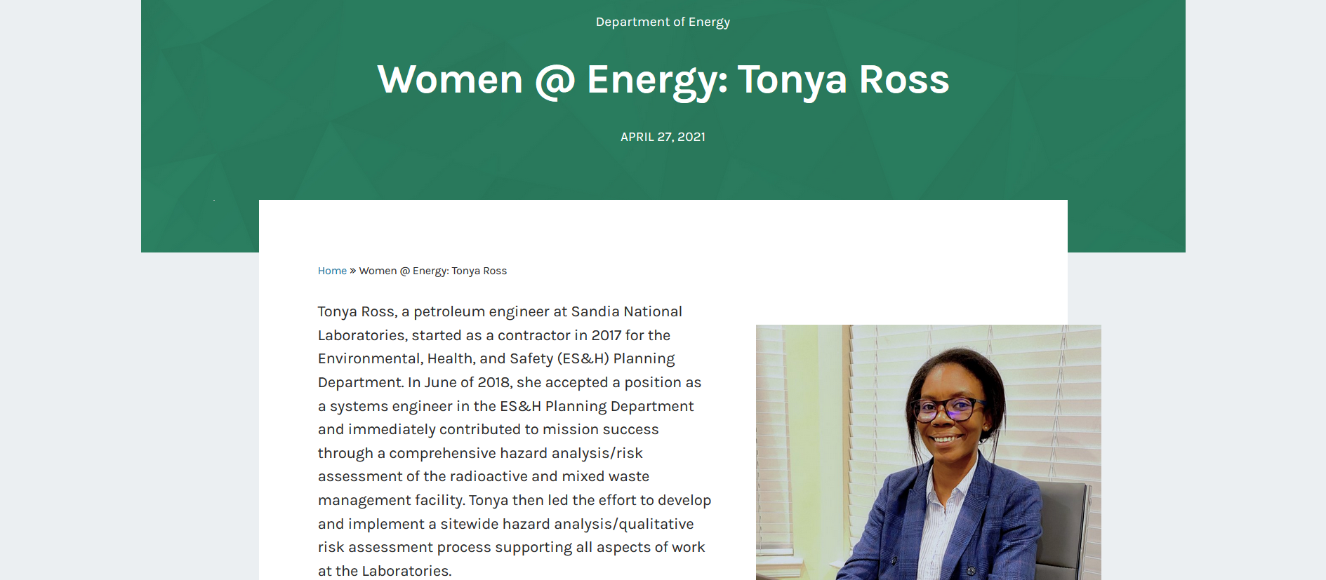 Sandia's Tonya Ross featured on DOE's STEM Rising website