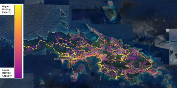 An aerial map of Puerto Rico with an overlay showing hosting capacity