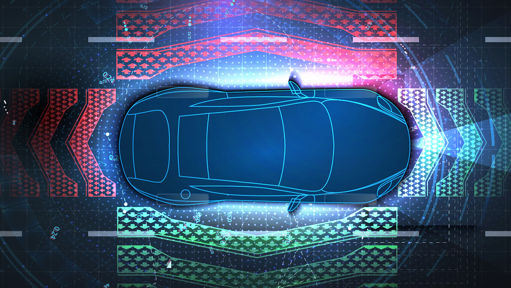 An illustration showing a car surrounded by iconography to represent sensors
