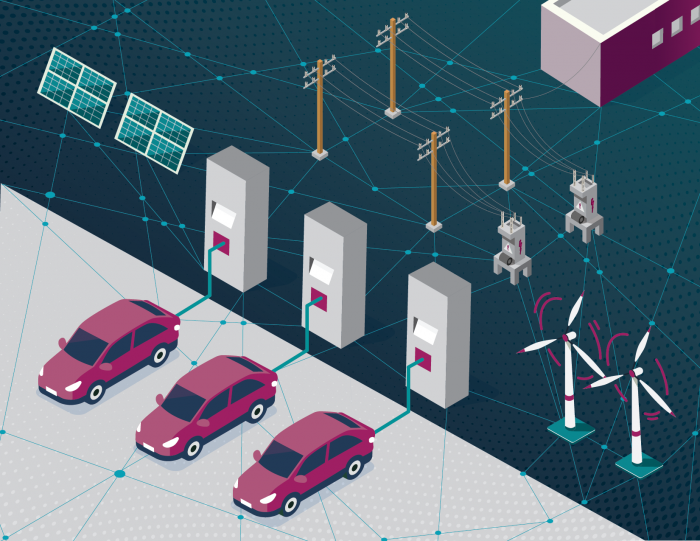 illustration showing cars on an integrated electrical grid