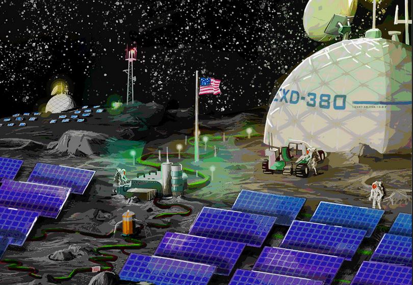 An artistic rendering of what a resilient microgrid for a lunar base camp might look like. Sandia National Laboratories engineers are working with NASA to design the system controller for the microgrid. (Illustration by Eric Lundin)