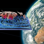 A snapshot of a global simulation superimposed on a view of the earth from space