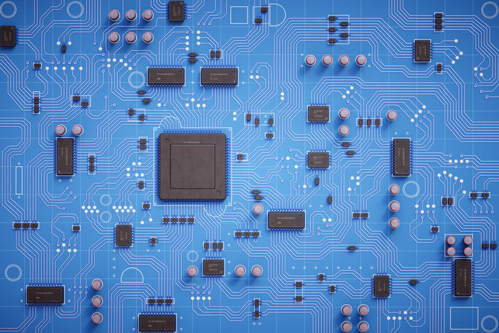 An abstract 3D render of a light blue circuit board, with many electrical components installed. Components are labelled with made-up serial numbers and placed on a white grid, with white circuit lines running among them.