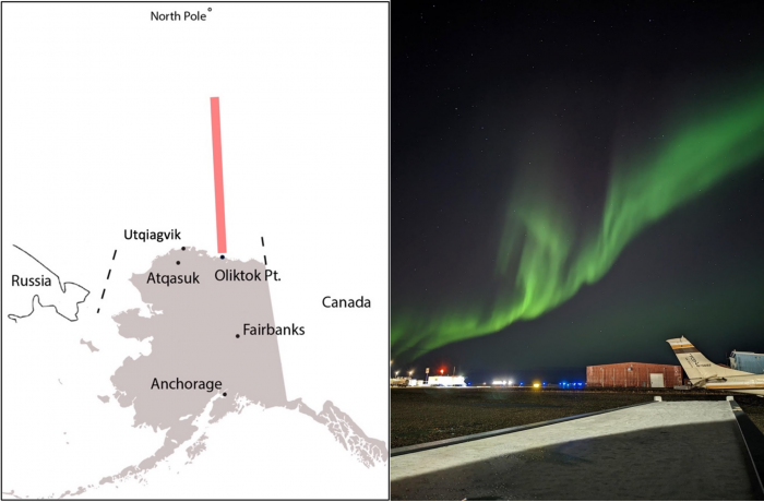 Left a map of Alaska showing the airspace going north into the Arctic Ocean and right, a view of the northern lights