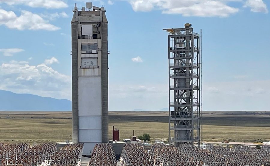 Image of the two towers:orignal built in 197 and the new G3P3 tower with heliostats at the bottom