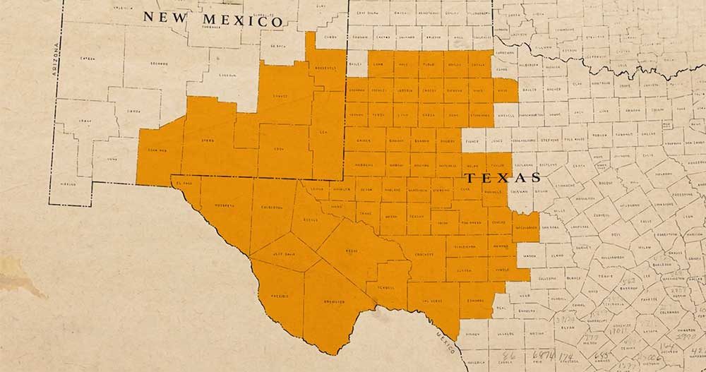 A map showing the Permian Basin region which stretches from southeast New Mexico into southwestern Texas