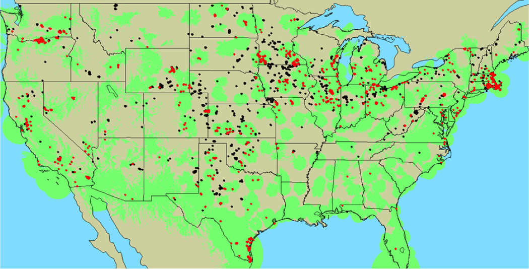Since 2000, wind generation capacity in the U.S. has increased from 5 GW to over 60 GW by the end of 2013. This map shows the wind turbine locations across the U.S. The red dots are those wind turbines that are visible to radar systems.